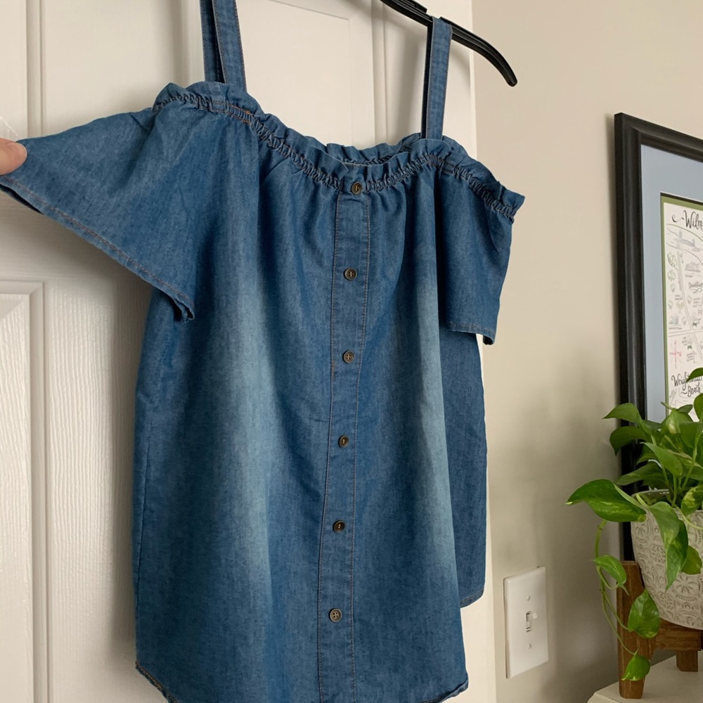 denim off the shoulder shirt